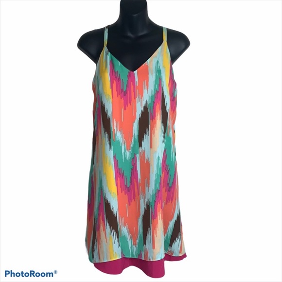JUDITH MARCH MULTICOLOURED MINI DRESS SPAGHETTI STRAPS TWO LAYERS in size small - Picture 2 of 7